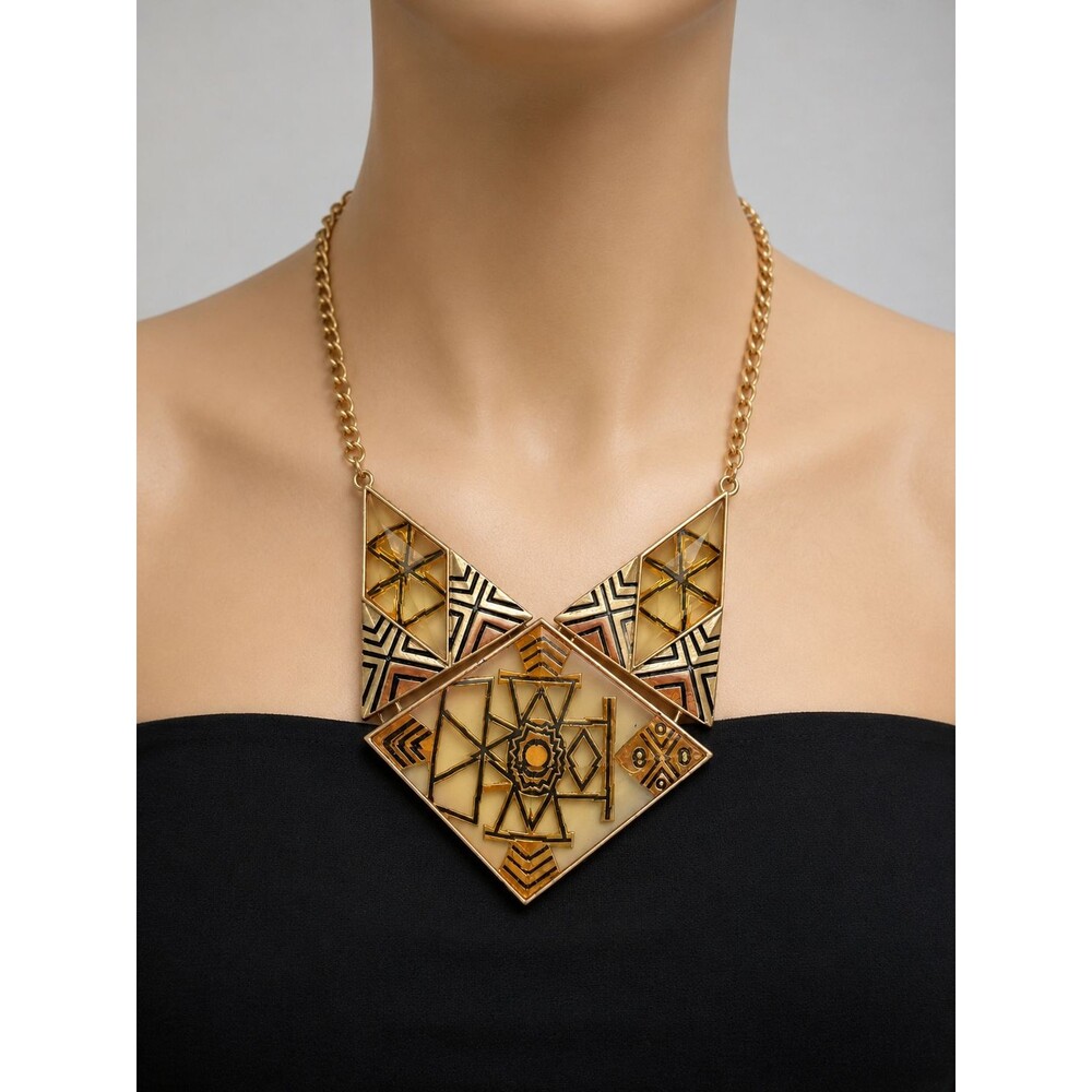 Gold Tone Geometric Art Deco Statement Bib Necklace Amber Yellow Acrylic Crystal